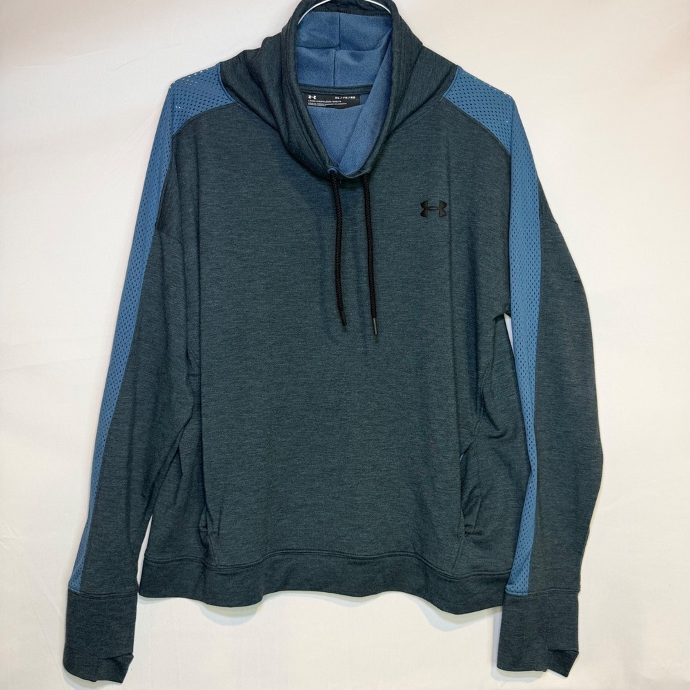 Under Armour Mens XL Teal Blue Funnel Neck Mesh Panel Hoodie Loose Sweatshirt
